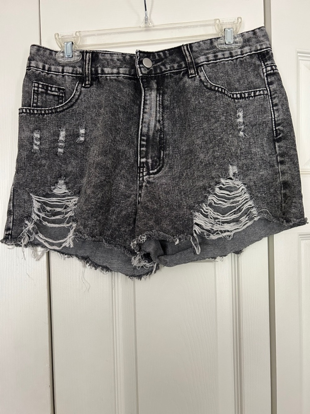 SHEIN Black Acid-Wash Distressed High-Rise Jean Shorts Denim Cut Off Large
